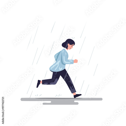 Woman running in the rain on a sidewalk.