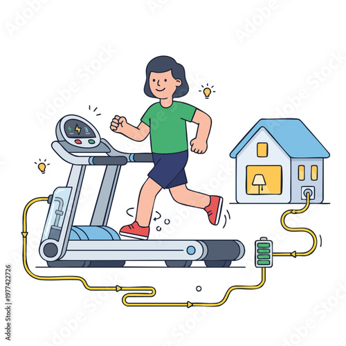 Woman running on treadmill generating power for house.