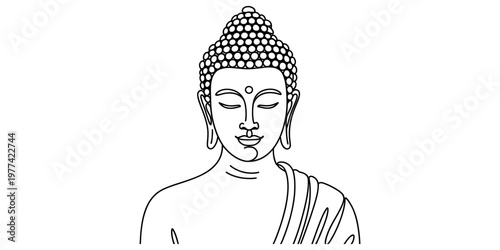 A simple black and white line art illustration of the head and shoulders of buddha in meditation Vector, illustration