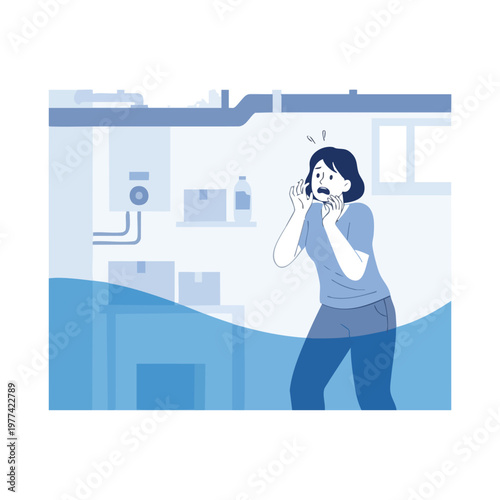 Woman Shocked by Basement Flooding and Water Damage.