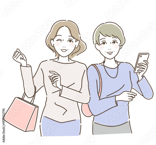 ショッピングを楽しむミドル世代の女性二人組 ベクターイラスト
