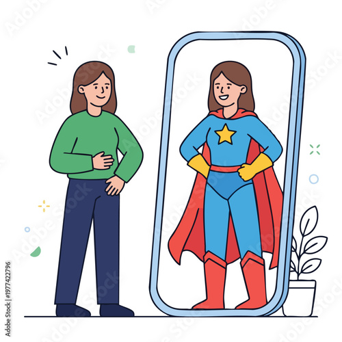 Woman Sees Herself as a Superhero in Mirror Reflection.