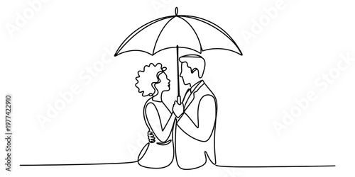 A beautiful continuous line drawing of a loving couple standing together under one umbrella. Vector, illustration