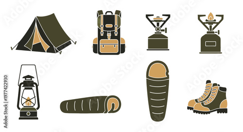Mountain camping and hiking gear icon set in duotone flat style featuring tent, backpack, portable stove, lantern, sleeping bag, and boots