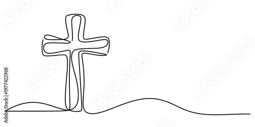 Quadro su tela A minimalist single line drawing of a christian cross standing on a simple undul