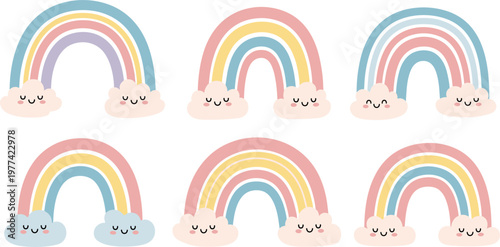 Cute Rainbow Set with Smiling Clouds Pastel Color Cartoon Weather Collection Kawaii Style Illustration Flat Design Isolated on White Background