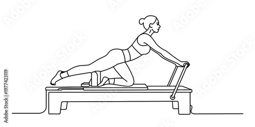 A continuous line drawing of a woman performing a pilates exercise on a reformer machine equipment Vector, illustration