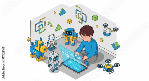 Boy Coding and Controlling Robots with Tablet Isometric Illustration - STEM Education and Future Technology Concept