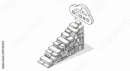 Isometric Line Art Illustration of Books Leading to a Cloud Symbolizing Digital Library, Online Education, and Data Storage Technology