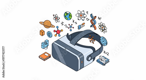 Virtual Reality Headset for Science and STEM Education Isometric Illustration. VR Goggles with Icons of Space, Physics, Chemistry, and Biology for Online Learning and Innovation.