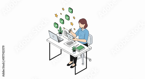 Isometric Illustration of Business Woman Working at Desk with Laptop and Tablet, Success and Task Completion Concept