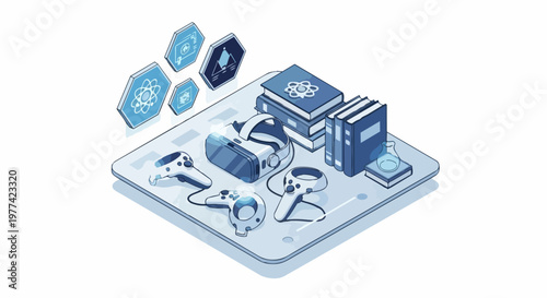 Virtual Reality Education Isometric Concept with VR Headset Controllers Science Books and STEM Symbols for Immersive Learning and Digital Classroom