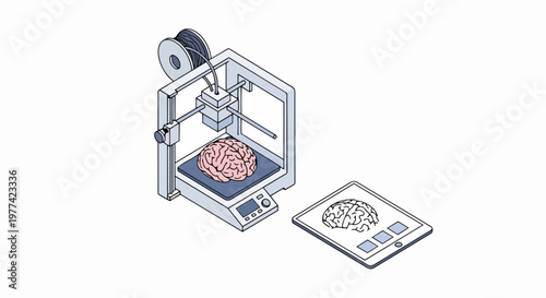 3D Printer Creating Human Brain Model, Isometric Bioprinting and Neurotechnology Concept Illustration