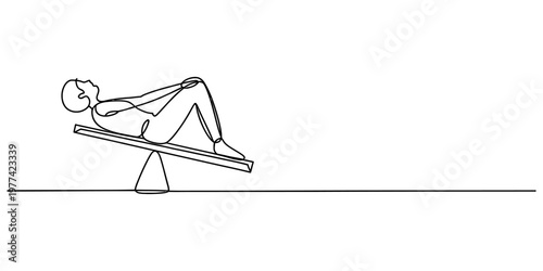 A continuous line drawing of a person sitting alone on a seesaw in a minimalist artistic style Vector, illustration