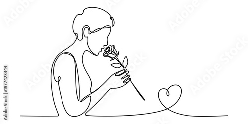 Minimalist continuous line drawing of a woman gently smelling a beautiful rose with heart shape Vector, illustration