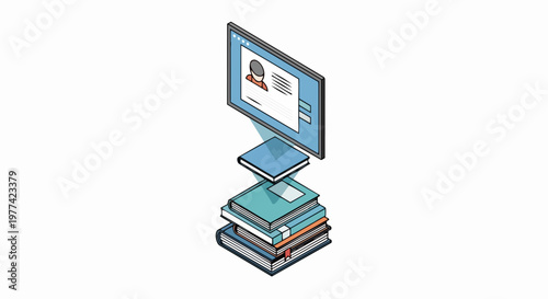 Isometric Illustration of E-Learning Concept with Digital Profile Screen Floating Over Stack of Books for Online Education and Distance Learning