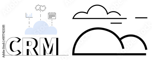 Business systems, data storage, cloud computing, CRM tools, technology management, organization. CRM letters below a cloud with graphs and minimal lines. CRM tools and data storage concept