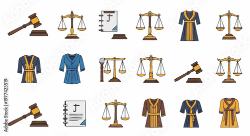 Collection of legal symbols and objects for justice and law.