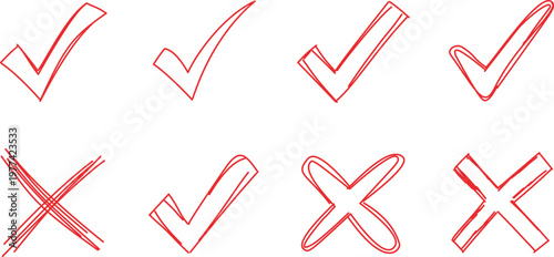 Red check marks and crosses with underline strokes hand drawn validation symbols vector set for approval and rejection