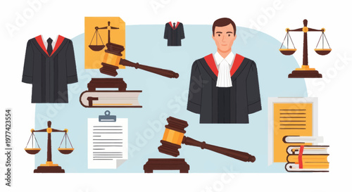 Legal Justice Symbols and Judge Character Illustration.