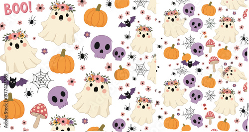 Cute halloween pattern with ghosts pumpkins skulls spiders and bats seamless cartoon vector illustration for spooky kids background design