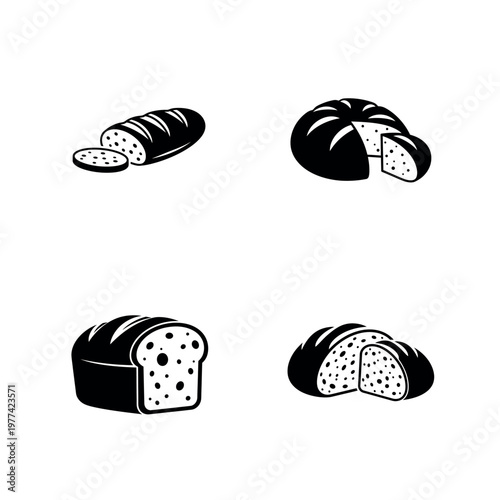 Fresh Baked Bread Loaf and Sliced Baguette Silhouette Vector Icon Set
