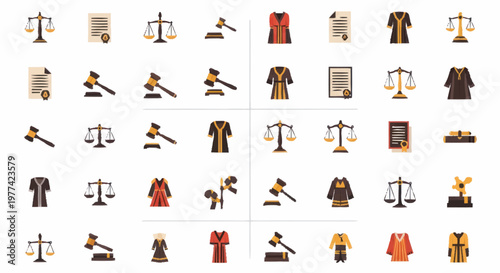 Collection of legal icons representing justice and law symbols.