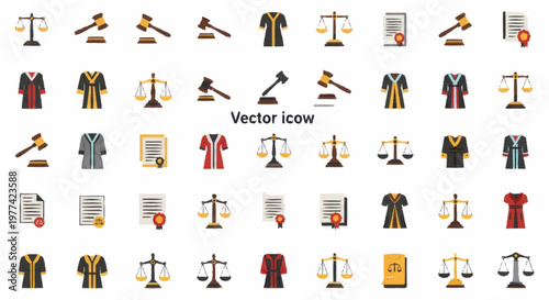 Collection of legal icons representing justice and law.