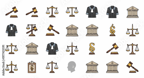 Collection of legal and justice icons representing law and order.