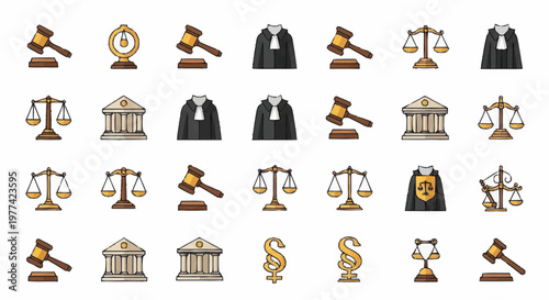 Collection of legal symbols and icons representing justice and law.