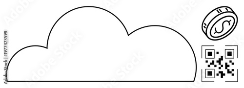 Digital payments, online transactions, cloud computing, fintech solutions, QR scanning, cryptocurrency. A cloud symbol, a coin with a money symbol and a QR code. Digital payments and fintech