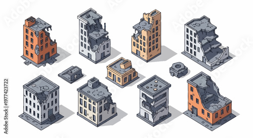 Collection of Isometric Damaged Buildings and Structures.