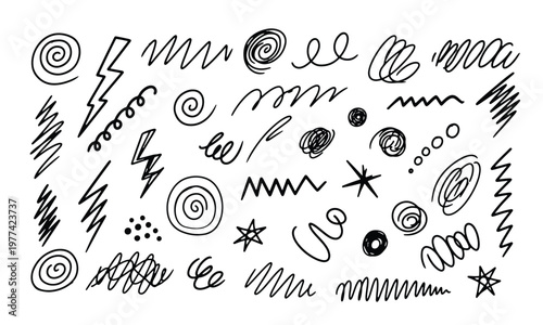 Abstract black scribbles, zigzags, spirals, dots, and stars, offering a playful and energetic collection of hand-drawn graphic elements.