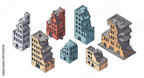Collection of Damaged Buildings Isometric Illustration.