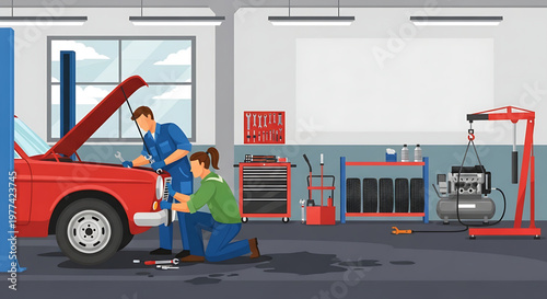 Two mechanics working on a red car in a garage with tools and equipment