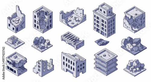 Collection of Isometric Damaged Buildings and Ruins.