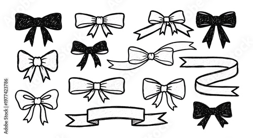 Stylized black and white drawings of various bows and ribbons, offering a versatile selection for gift wrapping, decorations, and design accents.