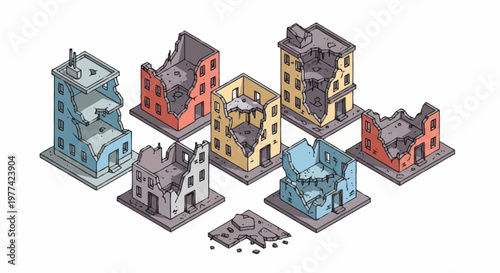 Collection of Damaged Buildings After Disaster Illustration.