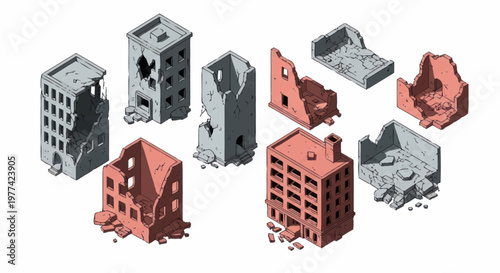 Collection of Damaged and Destroyed Buildings Isometric View.