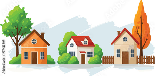 Charming Residential House Vector Collection Featuring Suburban Homes and Autumnal Trees for Real Estate Branding, Neighborhood Maps, and Architectural Design