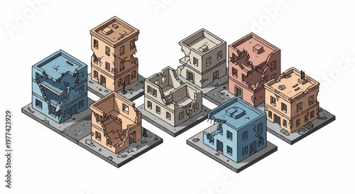 Isometric destroyed buildings collection urban decay concept.