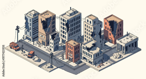 Isometric view of a destroyed city with damaged buildings and cars.