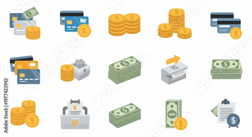 Financial Icons Representing Money and Transactions.