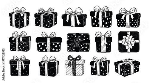 Festive display of black and white illustrated gift boxes with various ribbon designs, perfect for conveying holiday cheer.