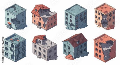 Collection of Damaged and Ruined Buildings Isometric View.