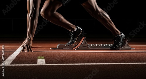 A close-up, low-angle shot of a sprinter in starting blocks on a dark running track, poised for an explosive start, showcasing powerful legs and focused determination.