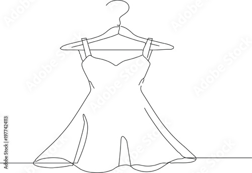 Minimal line art illustration of a dress hanging on a hanger. Elegant outline drawing of a sleeveless dress in simple black line style, isolated on white background.