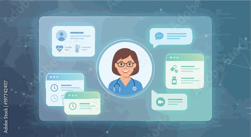 Telemedicine and Digital Health Concept Illustration with Female Doctor Avatar, Patient Health Records, Online Medical Consultation, Prescription Management, and Healthcare Appointment Scheduling