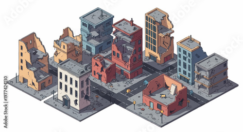 Isometric illustration of a destroyed city block with damaged buildings.