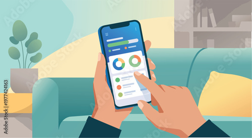 Man Holding Smartphone with Financial Data Dashboard and Charts, Using Mobile Banking Application for Investment Tracking and Budget Management in a Modern Home Living Room Setting